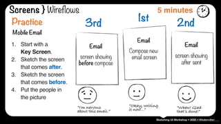Sketching UI Workshop • 2020 • @kateruttersketch via @ladylexy
Screens } Wireflows
1st
Email
Compose new 
email screen
2nd
Email
screen showing 
after sent
3rd
Email
screen showing 
before compose
Practice
Mobile Email
1. Start with a  
Key Screen.
2. Sketch the screen
that comes after.
3. Sketch the screen
that comes before.
4. Put the people in
the picture
“I’m nervous
about this email.”
5 minutes
“Okay, writing
it now…” “Whew! Glad
that’s done!”
 