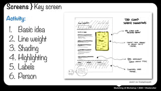 Sketching UI Workshop • 2020 • @katerutter
Activity:
1. Basic idea
2. Line weight
3. Shading
4. Highlighting
5. Labels
6. ...