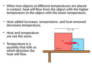 • When two objects at different temperatures are placed
in contact, heat will flow from the object with the higher
temperature to the object with the lower temperature.
• Heat added increases temperature, and heat removed
decreases temperature.
• Heat and temperature
are not the same.
• Temperature is a
quantity that tells us
which direction the
heat will flow.
 