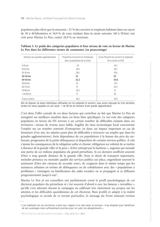 958 R Michel Bussi, Jérôme Fourquet et Céline Colange

populaires plus élevé que la moyenne : 32 % des ouvriers et employés habitant dans un rayon
de 30 à 40 kilomètres et 34,9 % de ceux résidant dans la strate suivante (40 à 50 km) ont
voté pour Marine Le Pen, contre 28,9 % en moyenne.
Tableau 5. Le poids des catégories populaires et leur niveau de vote en faveur de Marine
Le Pen dans les différentes strates de communes (en pourcentage)

Document téléchargé depuis www.cairn.info - Bibliothèque Diderot de Lyon - - 140.77.64.4 - 16/01/2014 17h26. © Presses de Sciences Po

Proportion d’ouvriers et d’employés
dans la population de la strate

Score FN parmi les ouvriers et employés
de la strate en 2012

0-10 km
10-20 km
20-30 km
30-40 km
40-50 km
50-60 km
60-70 km
70-80 km
+ de 80 km

24
28,4
28,5
33
32,2
32
31
30,3
31

24,7
30,7
29,6
32
34,8
29,1
26,9
31
28

France entière

28,3

28,9

Afin de disposer de bases statistiques suffisantes sur les employés et ouvriers, nous avons regroupé les trois dernières
strates les moins peuplées en une seule : + de 80 km de distance d’une grande agglomération.

C’est donc l’effet cumulé de ces deux facteurs qui contribue au fait que Marine Le Pen ait
enregistré ses meilleurs résultats dans ces lieux bien spécifiques. Le sur-vote des catégories
populaires en faveur du FN renvoie à un certain nombre de difficultés existant dans ces
territoires : niveau de revenu assez faible, fragilité du tissu économique local concentrant
l’emploi sur un nombre restreint d’entreprises (et donc un impact important en cas de
fermeture d’un site, les salariés ayant plus de difficultés à retrouver un emploi que dans les
grandes agglomérations), forte dépendance de ces populations à la hausse des prix du carburant, progression de la petite délinquance et disparition de certains services publics. À cela
s’ajoute les conséquences de la relégation subie et choisie (obligation ou volonté de se mettre
à distance de la grande ville) et la peur « d’être rattrapé par la banlieue », angoisse qui taraude
une partie de ces milieux populaires du grand périurbain. Si ces derniers souffrent souvent
d’être à trop grande distance de la grande ville (frais et durée de transport importants,
moindre présence ou moindre qualité des services publics sur place, engendrant souvent le
sentiment d’être des citoyens de seconde zone), ils craignent dans le même temps que les
nuisances urbaines en termes de délinquance ou de cohabitation avec des « populations à
problèmes » (immigrés ou bénéficiaires des aides sociales) ne se propagent et se diffusent
progressivement jusqu’à eux1.
Marine Le Pen et ses conseillers ont parfaitement cerné le profil psychologique de cet
électorat populaire du périurbain et c’est souvent d’abord à eux, les fameux « invisibles »,
qu’elle s’est adressée durant la campagne en calibrant très clairement ses propos sur les
attentes et les difficultés quotidiennes de cet électorat. Bien profilé et adapté à la réalité
psychologique et sociale de ce terrain particulier, le message du Front national version
1. Les habitants de ces territoires vivent leur rapport à la ville selon la formule « trop éloignés pour bénéficier
de ses avantages mais suffisamment proches pour en subir les désagréments ».
R REVUE FRANCAISE DE SCIENCE POLITIQUE R VOL. 62 No 5-6 R 2012
¸

Document téléchargé depuis www.cairn.info - Bibliothèque Diderot de Lyon - - 140.77.64.4 - 16/01/2014 17h26. © Presses de Sciences Po

Distance aux grandes agglomérations

 