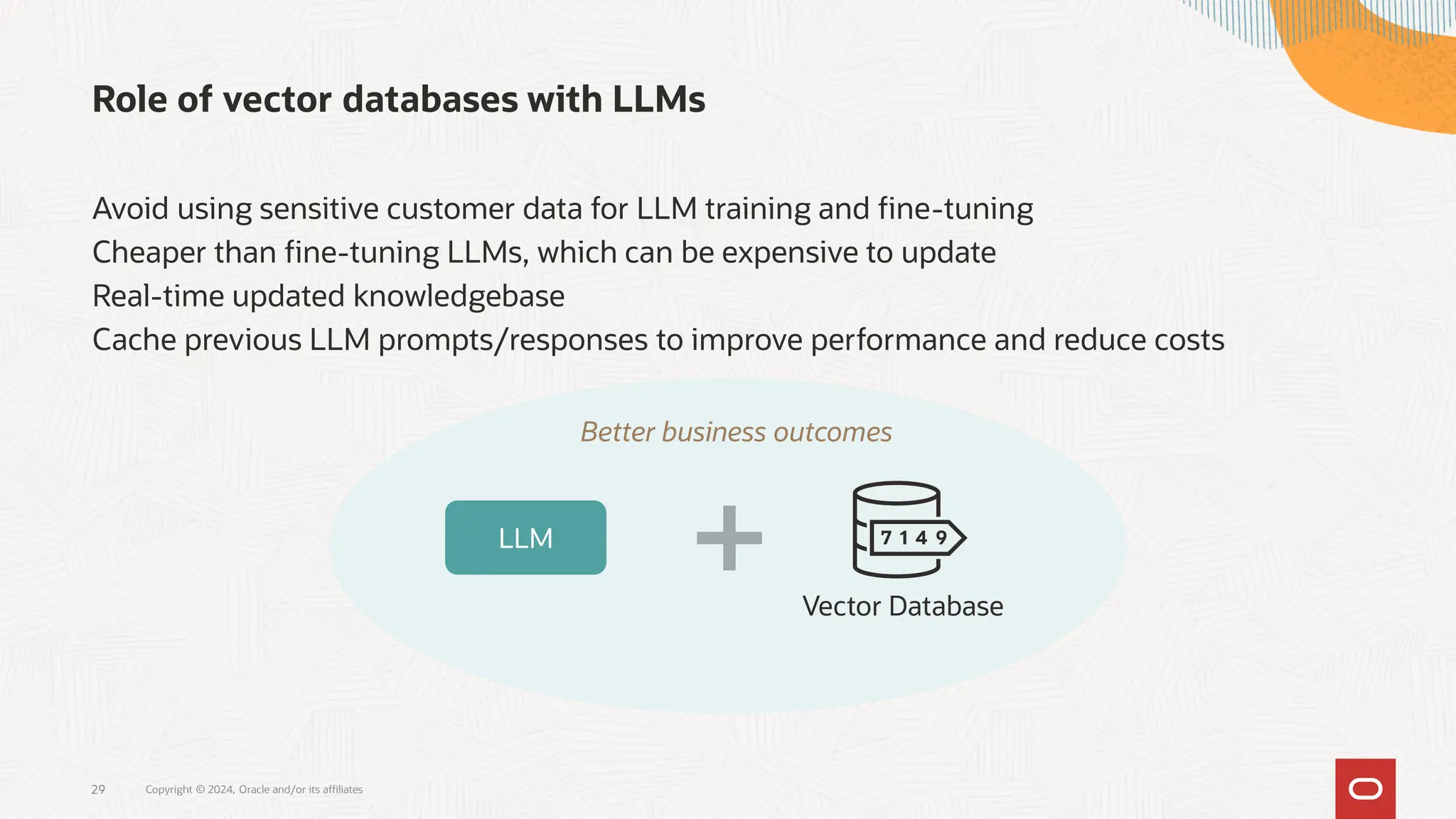 Role of vector databases with LLMs
Avoid using sensitive customer data for LLM training and fine-tuning
Cheaper than fine-tuning LLMs, which can be expensive to update
Real-time updated knowledgebase
Cache previous LLM prompts/responses to improve performance and reduce costs
29 Copyright © 2024, Oracle and/or its affiliates
LLM
Better business outcomes
Vector Database
 