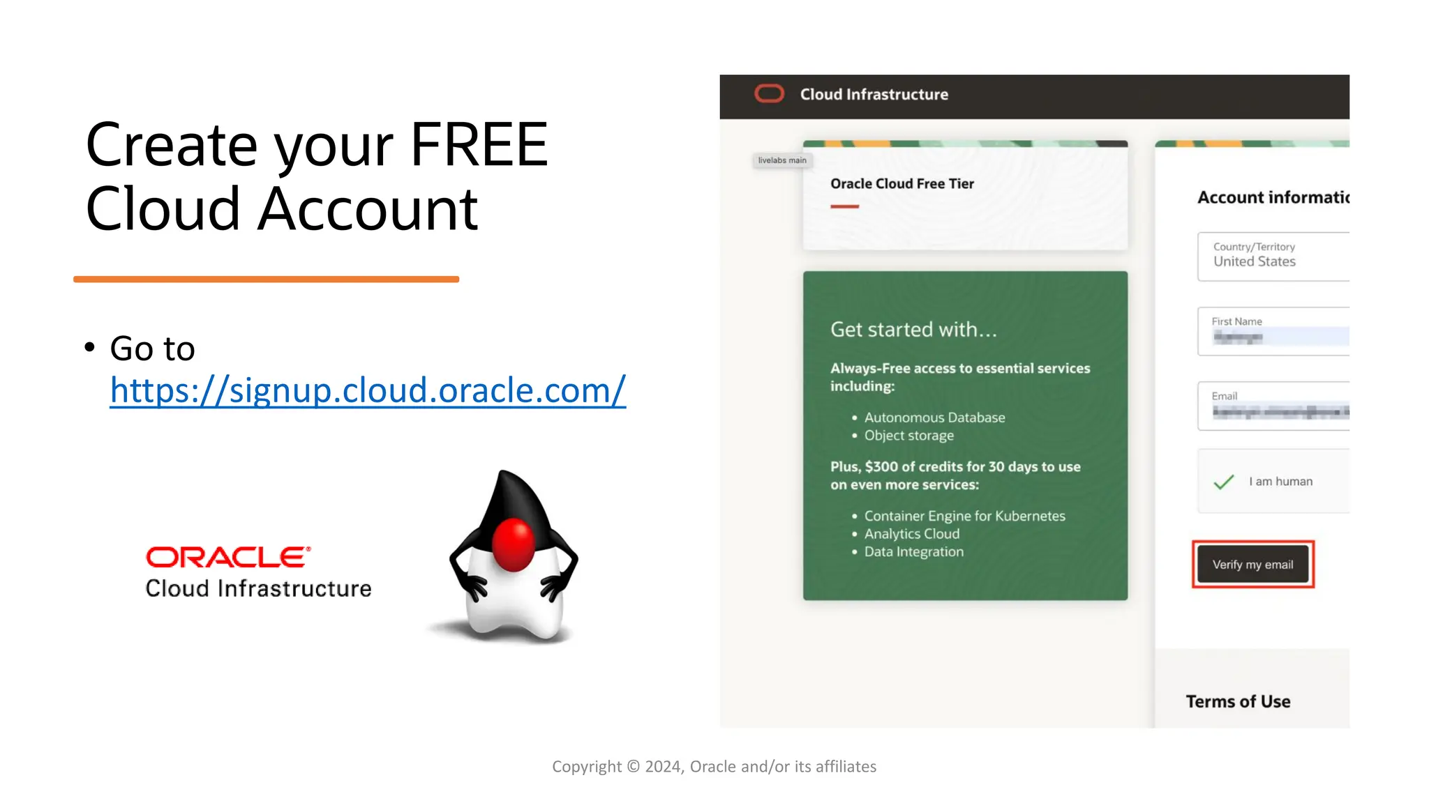 Create your FREE
Cloud Account
• Go to
https://signup.cloud.oracle.com/
Copyright © 2024, Oracle and/or its affiliates
 