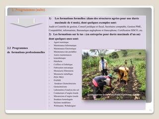 2. Programmes (suite)
2.2 Programmes
de formations professionnelles
1) Les formations formelles: (dans des structures agrées pour une durée
maximale de 4 mois), dont quelques exemples sont:
Audit et Contrôle de gestion, Conseil juridique et fiscal, Secrétaire comptable, Gestion PME,
Comptabilité, informatisée, Bureautique anglophone et francophone, Certification SISCO, etc.
2) Les formations sur le tas : (en entreprise pour durée maximale d’un an)
dont quelques unes sont:
- Agent touristique
- Maintenance Informatique
- Maintenance Electronique
- Maintenance des portables
- Autres maintenances
- kinésithérapie
- Hôtellerie
- Coiffure et Esthétique
- Fabrication mécanique
- Menuiserie Ebénisterie
- Menuiserie métallique
- PED/ PREJ
- PADER
- Sondeurs Géotechniciens
- Géotechniciens
- Laborantins d’analyse des sol
- Conducteurs d’engins lourds
- Mécaniciens d’engins lourds
- Soudeurs homologués
- Stylistes modélistes
- Webmaster, Webdesigner
11
Formation sur le tas d’un PADER pommes de terre
 