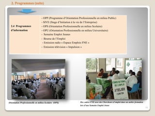2. Programmes (suite)
2.4 Programmes
d’information
- OPP (Programme d’Orientation Professionnelle en milieu Public)
- SIVE (Stage d’Initiation à la vie de l’Entreprise)
- OPS (Orientation Professionnelle en milieu Scolaire)
- OPU (Orientation Professionnelle en milieu Universitaire)
- Semaine Emploi Jeunes
- Bourse de l’Emploi
- Emission radio « Espace Emplois FNE »
- Emission télévision « Impulsion »
15
Orientation Professionnelle en milieu Scolaire (OPS) Des cadres FNE avec des Chercheurs d’emploi dans un atelier formation
lors d’une Semaine Emploi Jeune
 