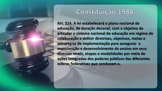 Art. 214. A lei estabelecerá o plano nacional de
educação, de duração decenal, com o objetivo de
articular o sistema nacional de educação em regime de
colaboração e definir diretrizes, objetivos, metas e
estratégias de implementação para assegurar a
manutenção e desenvolvimento do ensino em seus
diversos níveis, etapas e modalidades por meio de
ações integradas dos poderes públicos das diferentes
esferas federativas que conduzam a.
 