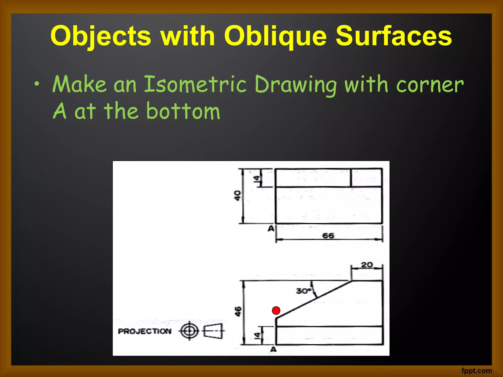 Objects with Oblique Surfaces
• Make an Isometric Drawing with corner
A at the bottom
 