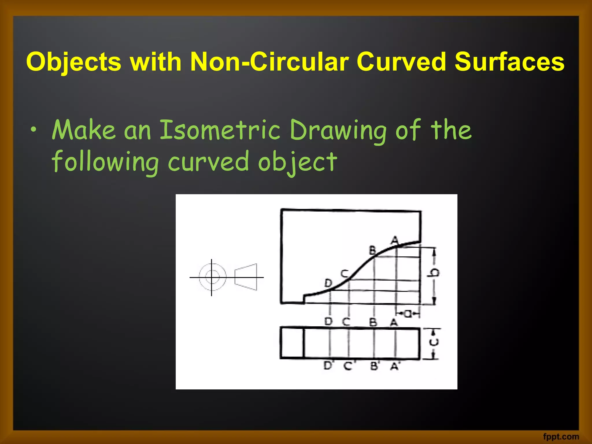 Objects with Non-Circular Curved Surfaces
• Make an Isometric Drawing of the
following curved object
 