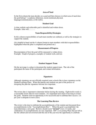 Area of Need
In the first column the team decides on a goal and then chooses in which area of need does
the goal belong? ( academic, behaviour, social emotional, physical,
language/communication, or life skills).
                                        Student Goal
A clear, realistic and achievable goal is identified and written down.
Example- John will:……….
                              Team Responsibility/Strategies
In this column responsibilities of each team member are outlined, as well as the strategies to
support the student.
(It is helpful to hand out the 4 column format to team members with their responsibilities
highlighted when the plan is completed and printed out.)
                                 Measurement of Progress
Documentation of how the goal will be measured is written down.
Example: Graph of progress, examples of student work, unit test.



                                  Student Support Team
On the next page is a place to document the student support team. The role of the
participant, the name of the participant, and contact information.


                                          Signatures
Although signatures are not officially required some schools like to have signatures on the
Student Learning Plans. When the parents and students are part of the process of
designing the plan the signatures become less important.
                                        Review Date
The review date is important to determine before leaving the meeting. Eight-twelve weeks is
a reasonable review date for most students. It is important not to leave it too long to review
the goals. Students need an opportunity to be successful and to celebrate their success. (3x
per year is adequate in most cases)
                                The Learning Plan Review
The review is the time to celebrate the accomplishments of the student and document those
accomplishments in the “Accomplishment Box”. When the goal is accomplished- the
team determines a new goal. Reviews should occur “at least” every 12 weeks, and
celebrations of accomplishments are very important. IEP’s or Learning Plans that are left in
the file cabinet and not reviewed until the end of the year lose the opportunity to celebrate
 