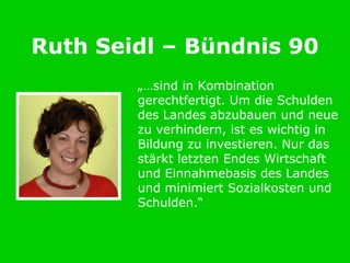 Ruth Seidl – Bündnis 90
        „…sind in Kombination
        gerechtfertigt. Um die Schulden
        des Landes abzubauen und neue
        zu verhindern, ist es wichtig in
        Bildung zu investieren. Nur das
        stärkt letzten Endes Wirtschaft
        und Einnahmebasis des Landes
        und minimiert Sozialkosten und
        Schulden.“
 