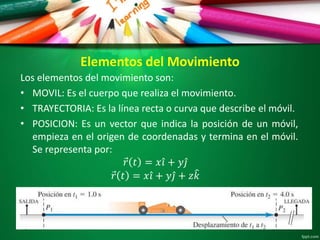 Elementos del Movimiento
Los elementos del movimiento son:
• MOVIL: Es el cuerpo que realiza el movimiento.
• TRAYECTORIA: Es la línea recta o curva que describe el móvil.
• POSICION: Es un vector que indica la posición de un móvil,
empieza en el origen de coordenadas y termina en el móvil.
Se representa por:
𝑟 𝑡 = 𝑥 𝑖 + 𝑦 𝑗
𝑟 𝑡 = 𝑥 𝑖 + 𝑦 𝑗 + 𝑧 𝑘
 