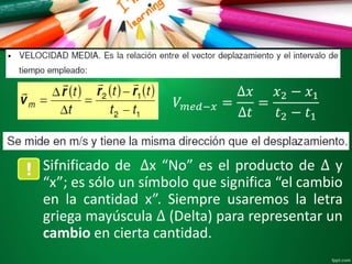 Elementos del Movimiento
𝑉 𝑚𝑒𝑑−𝑥 =
Δ𝑥
Δ𝑡
=
𝑥2 − 𝑥1
𝑡2 − 𝑡1
Sifnificado de Δx “No” es el producto de Δ y
“x”; es sólo un símbolo que significa “el cambio
en la cantidad x”. Siempre usaremos la letra
griega mayúscula Δ (Delta) para representar un
cambio en cierta cantidad.
 