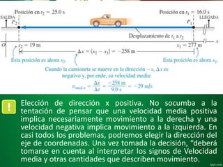 Elección de dirección x positiva. No socumba a la
tentación de pensar que una velocidad media positiva
implica necesariamente movimiento a la derecha y una
velocidad negativa implica movimiento a la izquierda. En
casi todos los problemas, podremos elegir la dirección del
eje de coordenadas. Una vez tomada la decisión, “deberá
tomarse en cuenta al interpretar los signos de Velocidad
media y otras cantidades que describen movimiento.
 