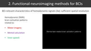 BCI-relevant characteristics of hemodynamic signals (3a): sufficient spatial resolution
Hemodynamic (fMRI)
brain-activation patterns
related to:
• Motor imagery
• Mental calculation
• Inner speech
2. Functional-neuroimaging methods for BCIs
 
