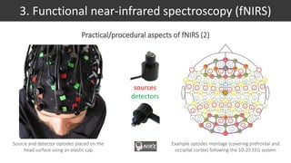 Practical/procedural aspects of fNIRS (2)
Source and detector optodes placed on the
head surface using an elastic cap
Example optodes montage (covering prefrontal and
occipital cortex) following the 10-20 EEG system
CZ
3. Functional near-infrared spectroscopy (fNIRS)
sources
detectors
 