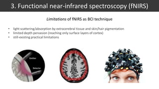 Limitations of fNIRS as BCI technique
• light scattering/absorption by extracerebral tissue and skin/hair pigmentation
• limited depth pervasion (reaching only surface layers of cortex)
• still-existing practical limitations
3. Functional near-infrared spectroscopy (fNIRS)
Figure adapted from here
 