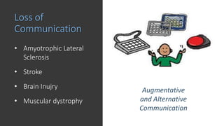 • Amyotrophic Lateral
Sclerosis
• Stroke
• Brain Inujry
• Muscular dystrophy
Loss of
Communication
Augmentative
and Alternative
Communication
 