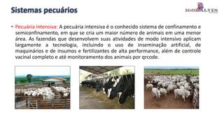 Sistemas pecuários
• Pecuária intensiva: A pecuária intensiva é o conhecido sistema de confinamento e
semiconfinamento, em que se cria um maior número de animais em uma menor
área. As fazendas que desenvolvem suas atividades de modo intensivo aplicam
largamente a tecnologia, incluindo o uso de inseminação artificial, de
maquinários e de insumos e fertilizantes de alta performance, além de controle
vacinal completo e até monitoramento dos animais por qrcode.
 