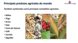 Principais produtos agrícolas do mundo
Também conhecidas como principais comodities agrícolas:
• Milho
• Trigo
• Arroz
• Soja
• Cana-de-Açúcar
• Café
• Laranja
• Algodão
 