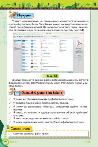 У твого однокласника на домашньому комп’ютері встановлено
операційну систему Ипих. Ти побачив, що всі папки розміщено в сис­
темній папці Домівка (Ноте). Ця папка також містить папки, які ство­
рені автоматично при встановленні операційної системи (мал. 54).
Мал. 54
Знайди спільне та визнач відмінності між розміщенням об’єктів
файлової системи ОС 1/1/іпсІо//5 та ОС Ипих. Результати подай у ви­
гляді схеми.
Оціни своїзнання та Уміння
Я знаю, які об’єкти належать до файлової системи.
Я розумію призначення файлів, папок, ярликів.
Я можу за допомогою піктограм розрізнити файли, папки,
ярлики.
Я знаю, як визначити адресу розміщення об’єктів файлової
системи.
Я вмію переглядати списки імен файлів і папок.
Я можу переглядати властивості об’єктів файлової системи.
Словничок
Файлова система, файл, ярлик.
їааааааааааааааааааааааяі
 
