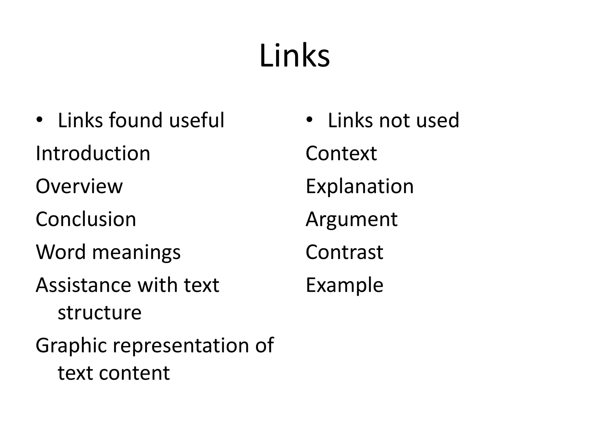 Links
• Links found useful        • Links not used
Introduction                Context
Overview                    Explanation
Conclusion                  Argument
Word meanings               Contrast
Assistance with text        Example
   structure
Graphic representation of
   text content
 