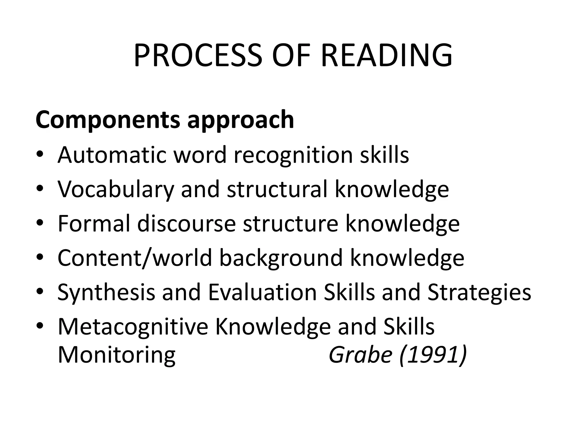 PROCESS OF READING
Components approach
•   Automatic word recognition skills
•   Vocabulary and structural knowledge
•   Formal discourse structure knowledge
•   Content/world background knowledge
•   Synthesis and Evaluation Skills and Strategies
•   Metacognitive Knowledge and Skills
    Monitoring               Grabe (1991)
 