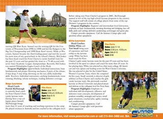 Before taking over Penn Charter’s program in 2001, McDonough
                                                                           assisted at two of the top high school lacrosse programs in the country.
                                                                           The support staff will consist of college players from some of the top
                                                                           Division 1 programs in the country.
                                                                              Program Highlights: Beginner and intermediate level instruction;
                                                                           emphasis on basic fundamentals, stressing shooting and dodging; face-off
                                                                           skills; picks and cutting; defensive positioning; scrimmages and game play.
                                                                              Camper provides equipment. Call the Summer Camps office with
                                                                           questions about equipment.

                                                                           Girls Lacrosse
                                                                              Head Coaches:                                The Facts
starting QB Matt Ryan. Samuel was the starting QB for the Uni-             Debbie White and
                                                                                                                           Dates: June 11-14
versity of Wisconsin from 1996 to 1998 and led the Badgers to the          Tori Small bring years
                                                                                                                           Hours: 5:30 p.m.- 8:30 p.m.
Big Ten Championship and 1999 Rose Bowl victory. While at Wis-             of experience and lead-
                                                                                                                           Ages: Girls 8-15
consin, Samuel became the third leading passer and tied the record         ership to the lacrosse
                                                                           camp. White has been                            Cost: $180
for most wins of any quarterback in the school’s history. McCloskey
has been head coach for Penn Charter’s varsity football team for           head coach for Penn
the past 12 years and has guided the team to a 75-40 record with           Charter’s girls varsity lacrosse team for the past 19 years and has been
seven Inter-Academic League championships. Recently, McCloskey             involved in the sport as a player and coach for more than 25 years. In
was named Philadelphia Eagles Coach of the Week.                           her playing days, White was selected as a first-team college All-Ameri-
   Program Highlights: Quarterbacks: Individual instruction; basic         can and was captain and leading scorer for West Chester University.
fundamentals and proper throwing mechanics; 5 parts of the release;        She was selected to play for the United States
3-step drop; 5-step drop; throwing on the run; drills; leadership          Women’s Lacrosse Team, where she competed
skills. Receivers: Individual instruction; catching fundamentals; route    for five years. Small currently is director of girls
running; blocking; release technique; reading defensive coverage.          athletics at Penn Charter and coaches the girls
                                                                           varsity lacrosse team. She previously coached
Boys Lacrosse                                                              lacrosse at Drexel University and played attack
   Head Coach:                                                             and defense at the collegiate level for Penn State.
                                          The Facts
Patrick McDonough                                                             Program Highlights: Emphasis on
is currently head coach                   Dates: June 18-21                individual skill development; offensive and
for Penn Charter’s boys                   Hours: 5:30 p.m.-8:30 p.m.       defensive team concepts; development of
varsity lacrosse team.                    Ages: Boys 9-15                  position versatility; strategies and tactics; small
Having been a top col-                    Cost: $180                       game situations; coached play; agility training
legiate player himself,                                                    and conditioning.
McDonough brings                                                              Camper provides equipment. Call
more than 11 years of coaching and teaching experience to the camp.        the Summer Camps office with questions
He played overseas in Australia and has coached at the collegiate level.   about equipment.


                                       For more information, visit www.penncharter.com or call 215-844-3460 ext. 364.                                    9
 