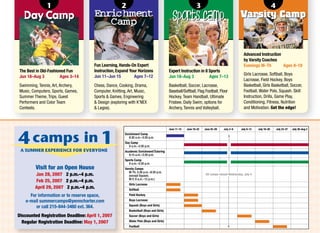 1                                      2                                                      3                                                         4
       Day Camp                           Enrichment
                                             Camp                                               Sports Camp                                      Varsity Camp


                                                                                                                                                    Advanced Instruction
                                                                                                                                                    by Varsity Coaches
                                          Fun Learning, Hands-On Expert                                                                             Evenings M–Th        Ages 8–18
    The Best in Old-Fashioned Fun         Instruction, Expand Your Horizons                  Expert Instruction in 8 Sports
                                                                                                                                                    Girls Lacrosse, Softball, Boys
    Jun 18–Aug 3          Ages 3–14       Jun 11–Jun 15         Ages 7–12                    Jun 18–Aug 3            Ages 7–13
                                                                                                                                                    Lacrosse, Field Hockey, Boys
    Swimming, Tennis, Art, Archery,       Chess, Dance, Cooking, Drama,                      Basketball, Soccer, Lacrosse,                          Basketball, Girls Basketball, Soccer,
    Music, Computers, Sports, Games,      Computer, Knitting, Art, Music,                    Baseball/Softball, Flag Football, Floor                Football, Water Polo, Squash. Skill
    Summer Theme, Trips, Guest            Sports  Games, Engineering                        Hockey, Team Handball, Ultimate                        Instruction, Drills, Game Play,
    Performers and Color Team              Design (exploring with K’NEX                     Frisbee. Daily Swim, options for                       Conditioning, Fitness, Nutrition
    Contests.                              Legos).                                          Archery, Tennis and Volleyball.                        and Motivation. Get the edge!



                                                                                             June 11–15   June 18–22   June 25–29    July 2–6     July 9–13   July 16–20       July 23–27   July 30–Aug 3
                                                            Enrichment Camp
                                                               8:30 a.m.–3:30 p.m.
                                                            Day Camp
                                                              9 a.m.–3:30 p.m.
                                                            Academic Enrichment/Tutoring
                                                              8:15 a.m.–3:30 p.m.
                                                            Sports Camp
                                                              9 a.m.–3:30 p.m.
            Visit for an Open House                         Varsity Camps
                                                               M-Th, 5:30 p.m.–8:30 p.m.
            Jan 28, 2007 2 p.m.–4 p.m.                         (except Squash,                                          All camps closed Wednesday, July 4
                                                               M-F, 9 a.m.–12 p.m.)
            Feb 25, 2007 2 p.m.–4 p.m.
                                                               Girls Lacrosse
            April 29, 2007 2 p.m.–4 p.m.                       Softball
          For information or to reserve space,                 Field Hockey

        e-mail summercamps@penncharter.com                     Boys Lacrosse
                                                               Squash (Boys and Girls)
             or call 215-844-3460 ext. 364.
                                                               Basketball (Boys and Girls)
    Discounted Registration Deadline: April 1, 2007            Soccer (Boys and Girls)

      Regular Registration Deadline: May 1, 2007               Water Polo (Boys and Girls)


                                                               Football
 