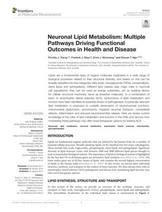 REVIEW
published: 23 January 2018
doi: 10.3389/fnmol.2018.00010
Neuronal Lipid Metabolism: Multiple
Pathways Driving Functional
Outcomes in Health and Disease
Timothy J. Tracey1
*, Frederik J. Steyn2
, Ernst J. Wolvetang1
and Shyuan T. Ngo1,2,3
*
1
Australian Institute for Bioengineering and Nanotechnology, The University of Queensland, Brisbane, QLD, Australia, 2
Centre
for Clinical Research, The University of Queensland, Brisbane, QLD, Australia, 3
Queensland Brain Institute, The University of
Queensland, Brisbane, QLD, Australia
Edited by:
Jean-Philippe Loeffler,
Institut National de la Santé et de la
Recherche Médicale, France
Reviewed by:
Mauro Cozzolino,
Istituto di Farmacologia Traslazionale
(CNR), Italy
Alberto Ferri,
Istituto di Biologia Cellulare e
Neurobiologia (CNR), Italy
*Correspondence:
Timothy J. Tracey
timothy.tracey@uq.net.au
Shyuan T. Ngo
s.ngo@uq.edu.au
Received: 26 November 2017
Accepted: 08 January 2018
Published: 23 January 2018
Citation:
Tracey TJ, Steyn FJ, Wolvetang EJ
and Ngo ST (2018) Neuronal Lipid
Metabolism: Multiple Pathways
Driving Functional Outcomes in
Health and Disease.
Front. Mol. Neurosci. 11:10.
doi: 10.3389/fnmol.2018.00010
Lipids are a fundamental class of organic molecules implicated in a wide range of
biological processes related to their structural diversity, and based on this can be
broadly classified into five categories; fatty acids, triacylglycerols (TAGs), phospholipids,
sterol lipids and sphingolipids. Different lipid classes play major roles in neuronal
cell populations; they can be used as energy substrates, act as building blocks
for cellular structural machinery, serve as bioactive molecules, or a combination of
each. In amyotrophic lateral sclerosis (ALS), dysfunctions in lipid metabolism and
function have been identified as potential drivers of pathogenesis. In particular, aberrant
lipid metabolism is proposed to underlie denervation of neuromuscular junctions,
mitochondrial dysfunction, excitotoxicity, impaired neuronal transport, cytoskeletal
defects, inflammation and reduced neurotransmitter release. Here we review current
knowledge of the roles of lipid metabolism and function in the CNS and discuss how
modulating these pathways may offer novel therapeutic options for treating ALS.
Keywords: lipid metabolism, neuronal metabolism, amyotrophic lateral sclerosis, mitochondria,
glycosphingolipid
INTRODUCTION
Lipids are fundamental organic molecules that are utilized by the human body for a number of
essential cellular processes. Broadly speaking, lipids can be classified into five major subcategories.
These include fatty acids, triglycerides, phospholipids, sterol lipids and sphingolipids. Significant
diversity in lipid structure exists, with between 1000 and 2000 different lipid species thought to
exist in mammalian biological systems. The importance of lipids to biological systems is highlighted
by the fact that 5% of all human genes are devoted to lipid synthesis (van Meer et al., 2008). The
brain makes great use of all five classes of lipids, and contains the second highest concentration
of lipids in the human body (Hamilton et al., 2007). In this review, we discuss their individual
structure, synthesis, and transport in the context of brain function. We then discuss their roles in
amyotrophic lateral sclerosis (ALS) pathogenesis and discuss how modulating lipid function may
offer novel therapeutic options.
LIPID SYNTHESIS, STRUCTURE AND TRANSPORT
In this section of the review, we provide an overview of the synthesis, structure, and
transport of fatty acids, triacylglycerols (TAGs), phospholipids, sterol lipids and sphingolipids.
The intracellular localization of the individual lipid classes is summarized in Figure 1.
Frontiers in Molecular Neuroscience | www.frontiersin.org 1 January 2018 | Volume 11 | Article 10
 