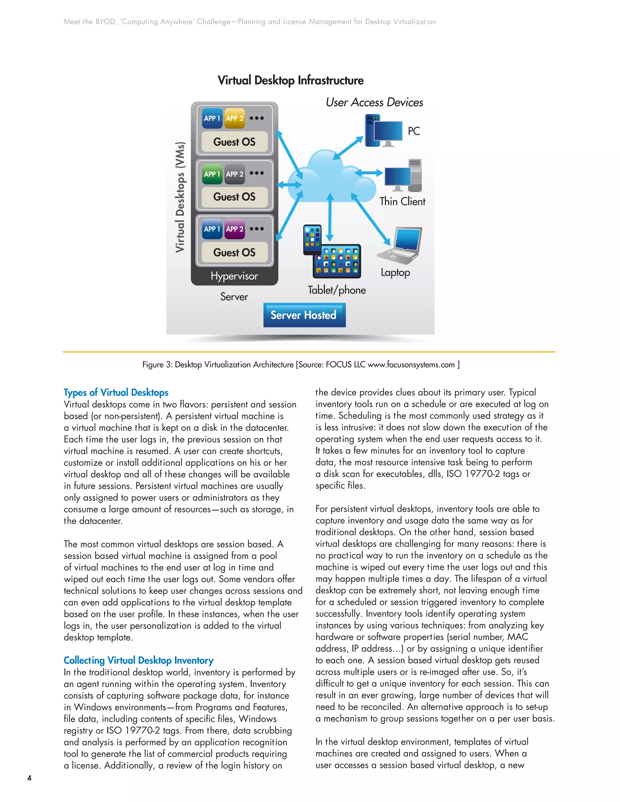 Meet the BYOD, ‘Computing Anywhere’ Challenge—Planning and License Management for Desktop Virtualization
4
Types of Virtual Desktops
Virtual desktops come in two flavors: persistent and session
based (or non-persistent). A persistent virtual machine is
a virtual machine that is kept on a disk in the datacenter.
Each time the user logs in, the previous session on that
virtual machine is resumed. A user can create shortcuts,
customize or install additional applications on his or her
virtual desktop and all of these changes will be available
in future sessions. Persistent virtual machines are usually
only assigned to power users or administrators as they
consume a large amount of resources—such as storage, in
the datacenter.
The most common virtual desktops are session based. A
session based virtual machine is assigned from a pool
of virtual machines to the end user at log in time and
wiped out each time the user logs out. Some vendors offer
technical solutions to keep user changes across sessions and
can even add applications to the virtual desktop template
based on the user profile. In these instances, when the user
logs in, the user personalization is added to the virtual
desktop template.
Collecting Virtual Desktop Inventory
In the traditional desktop world, inventory is performed by
an agent running within the operating system. Inventory
consists of capturing software package data, for instance
in Windows environments—from Programs and Features,
file data, including contents of specific files, Windows
registry or ISO 19770-2 tags. From there, data scrubbing
and analysis is performed by an application recognition
tool to generate the list of commercial products requiring
a license. Additionally, a review of the login history on
the device provides clues about its primary user. Typical
inventory tools run on a schedule or are executed at log on
time. Scheduling is the most commonly used strategy as it
is less intrusive: it does not slow down the execution of the
operating system when the end user requests access to it.
It takes a few minutes for an inventory tool to capture
data, the most resource intensive task being to perform
a disk scan for executables, dlls, ISO 19770-2 tags or
specific files.
For persistent virtual desktops, inventory tools are able to
capture inventory and usage data the same way as for
traditional desktops. On the other hand, session based
virtual desktops are challenging for many reasons: there is
no practical way to run the inventory on a schedule as the
machine is wiped out every time the user logs out and this
may happen multiple times a day. The lifespan of a virtual
desktop can be extremely short, not leaving enough time
for a scheduled or session triggered inventory to complete
successfully. Inventory tools identify operating system
instances by using various techniques: from analyzing key
hardware or software properties (serial number, MAC
address, IP address…) or by assigning a unique identifier
to each one. A session based virtual desktop gets reused
across multiple users or is re-imaged after use. So, it’s
difficult to get a unique inventory for each session. This can
result in an ever growing, large number of devices that will
need to be reconciled. An alternative approach is to set-up
a mechanism to group sessions together on a per user basis.
In the virtual desktop environment, templates of virtual
machines are created and assigned to users. When a
user accesses a session based virtual desktop, a new
Figure 3: Desktop Virtualization Architecture [Source: FOCUS LLC www.focusonsystems.com ]
VirtualDesktops(VMs)
Server Hosted
Virtual Desktop Infrastructure
User Access Devices
PC
Laptop
Thin Client
Server
Tablet/phone
Hypervisor
Guest OS
APP 1 APP 2 •••
Guest OS
APP 1 APP 2 •••
Guest OS
APP 1 APP 2 •••
 