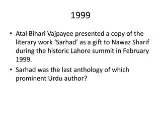 1999
• Atal Bihari Vajpayee presented a copy of the
literary work ‘Sarhad’ as a gift to Nawaz Sharif
during the historic Lahore summit in February
1999.
• Sarhad was the last anthology of which
prominent Urdu author?
 