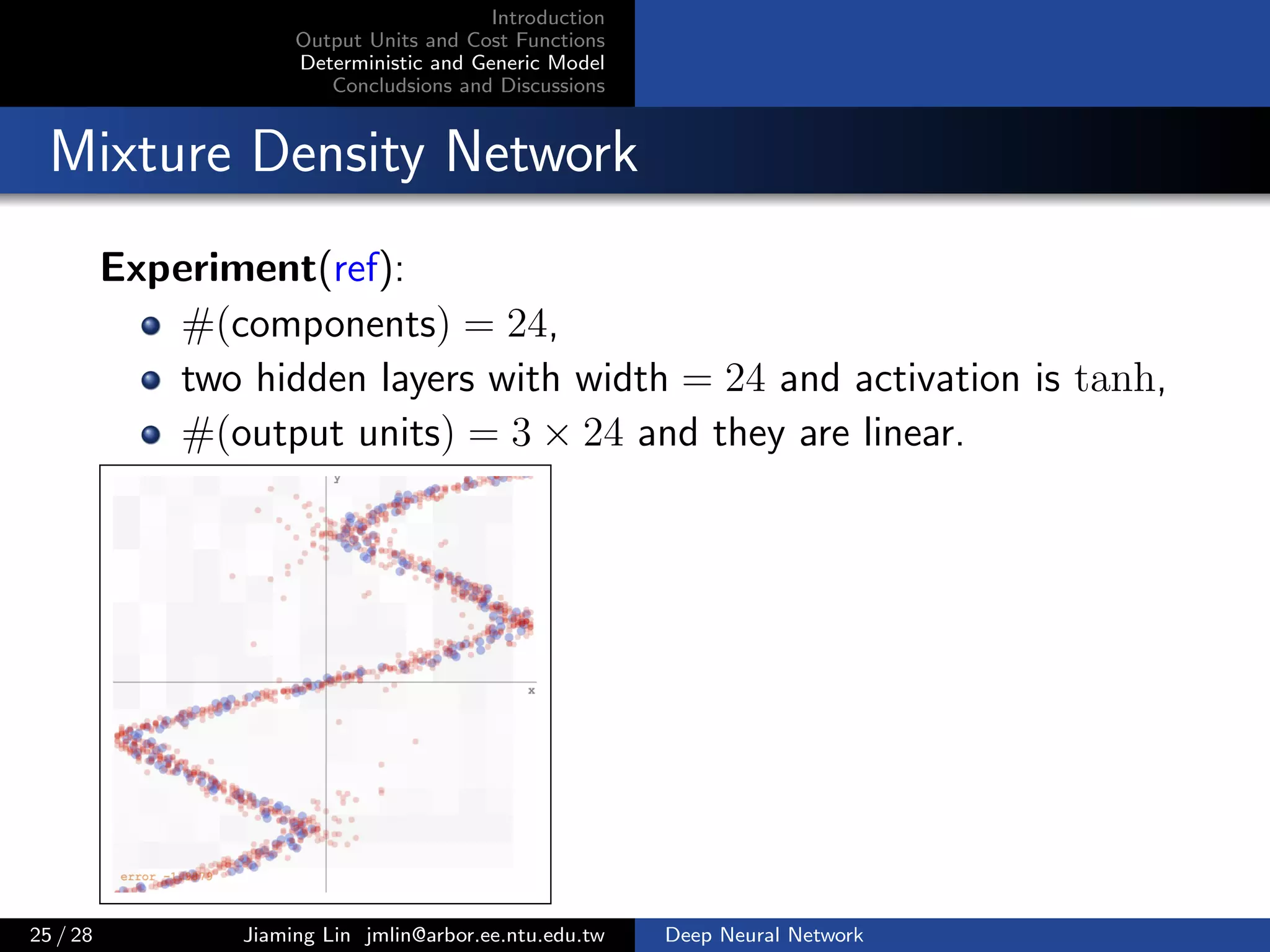 Introduction
Output Units and Cost Functions
Deterministic and Generic Model
Concludsions and Discussions
Mixture Density Network
Experiment(ref):
#(components) = 24,
two hidden layers with width = 24 and activation is tanh,
#(output units) = 3 × 24 and they are linear.
25 / 28 Jiaming Lin jmlin@arbor.ee.ntu.edu.tw Deep Neural Network
 