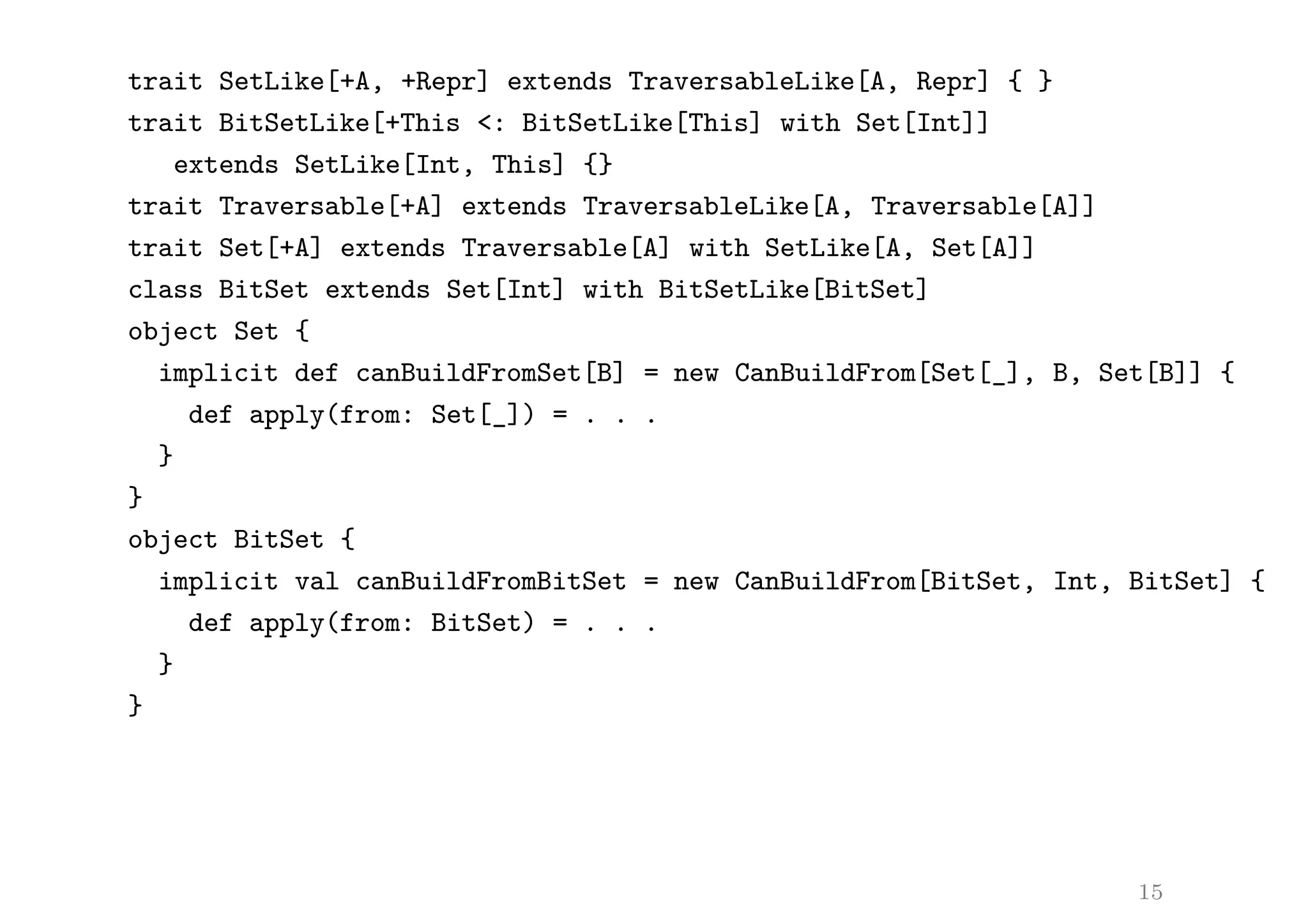 trait SetLike[+A, +Repr] extends TraversableLike[A, Repr] { }
trait BitSetLike[+This <: BitSetLike[This] with Set[Int]]
extends SetLike[Int, This] {}
trait Traversable[+A] extends TraversableLike[A, Traversable[A]]
trait Set[+A] extends Traversable[A] with SetLike[A, Set[A]]
class BitSet extends Set[Int] with BitSetLike[BitSet]
object Set {
implicit def canBuildFromSet[B] = new CanBuildFrom[Set[_], B, Set[B]] {
def apply(from: Set[_]) = . . .
}
}
object BitSet {
implicit val canBuildFromBitSet = new CanBuildFrom[BitSet, Int, BitSet] {
def apply(from: BitSet) = . . .
}
}
15
 