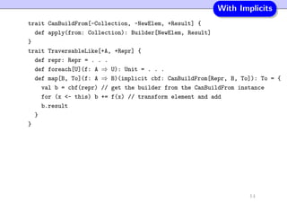 With Implicits
trait CanBuildFrom[-Collection, -NewElem, +Result] {
def apply(from: Collection): Builder[NewElem, Result]
}
trait TraversableLike[+A, +Repr] {
def repr: Repr = . . .
def foreach[U](f: A ⇒ U): Unit = . . .
def map[B, To](f: A ⇒ B)(implicit cbf: CanBuildFrom[Repr, B, To]): To = {
val b = cbf(repr) // get the builder from the CanBuildFrom instance
for (x <- this) b += f(x) // transform element and add
b.result
}
}
14
 