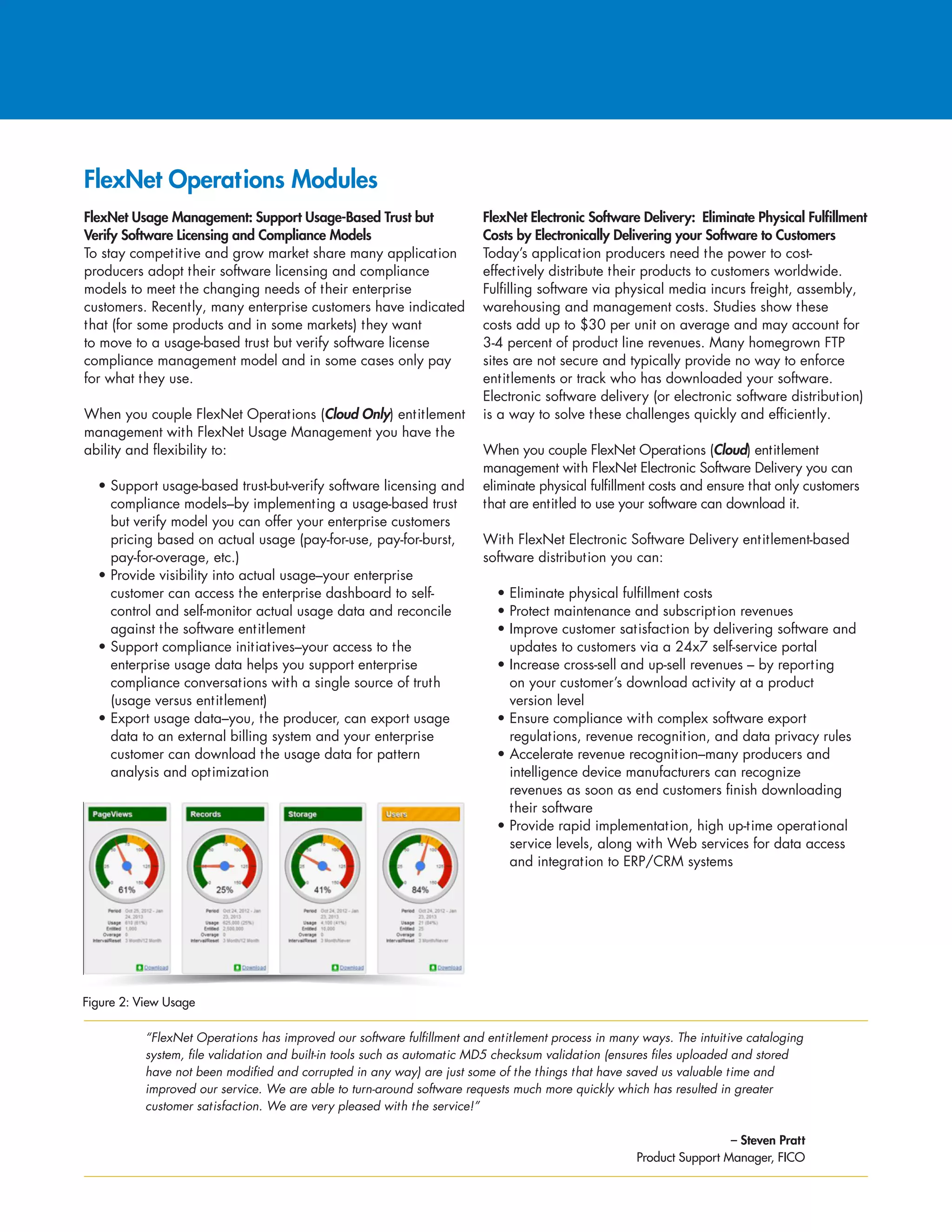 FlexNet Usage Management: Support Usage-Based Trust but
Verify Software Licensing and Compliance Models
To stay competitive and grow market share many application
producers adopt their software licensing and compliance
models to meet the changing needs of their enterprise
customers. Recently, many enterprise customers have indicated
that (for some products and in some markets) they want
to move to a usage-based trust but verify software license
compliance management model and in some cases only pay
for what they use.
When you couple FlexNet Operations (Cloud Only) entitlement
management with FlexNet Usage Management you have the
ability and flexibility to:
	 • Support usage-based trust-but-verify software licensing and
compliance models–by implementing a usage-based trust
but verify model you can offer your enterprise customers
pricing based on actual usage (pay-for-use, pay-for-burst,
pay-for-overage, etc.)
	 • Provide visibility into actual usage–your enterprise
customer can access the enterprise dashboard to self-
control and self-monitor actual usage data and reconcile
against the software entitlement
	 • Support compliance initiatives–your access to the
enterprise usage data helps you support enterprise
compliance conversations with a single source of truth
(usage versus entitlement)
	 • Export usage data–you, the producer, can export usage
data to an external billing system and your enterprise
customer can download the usage data for pattern
analysis and optimization
FlexNet Electronic Software Delivery: Eliminate Physical Fulfillment
Costs by Electronically Delivering your Software to Customers
Today’s application producers need the power to cost-
effectively distribute their products to customers worldwide.
Fulfilling software via physical media incurs freight, assembly,
warehousing and management costs. Studies show these
costs add up to $30 per unit on average and may account for
3-4 percent of product line revenues. Many homegrown FTP
sites are not secure and typically provide no way to enforce
entitlements or track who has downloaded your software.
Electronic software delivery (or electronic software distribution)
is a way to solve these challenges quickly and efficiently.
When you couple FlexNet Operations (Cloud) entitlement
management with FlexNet Electronic Software Delivery you can
eliminate physical fulfillment costs and ensure that only customers
that are entitled to use your software can download it.
With FlexNet Electronic Software Delivery entitlement-based
software distribution you can:
	 • Eliminate physical fulfillment costs
	 • Protect maintenance and subscription revenues
	 • Improve customer satisfaction by delivering software and
updates to customers via a 24x7 self-service portal
	 • Increase cross-sell and up-sell revenues – by reporting
on your customer’s download activity at a product
version level
	 • Ensure compliance with complex software export
regulations, revenue recognition, and data privacy rules
	 • Accelerate revenue recognition–many producers and
intelligence device manufacturers can recognize
revenues as soon as end customers finish downloading
their software
	 • Provide rapid implementation, high up-time operational
service levels, along with Web services for data access
and integration to ERP/CRM systems
“FlexNet Operations has improved our software fulfillment and entitlement process in many ways. The intuitive cataloging
system, file validation and built-in tools such as automatic MD5 checksum validation (ensures files uploaded and stored
have not been modified and corrupted in any way) are just some of the things that have saved us valuable time and
improved our service. We are able to turn-around software requests much more quickly which has resulted in greater
customer satisfaction. We are very pleased with the service!”
– Steven Pratt
Product Support Manager, FICO
FlexNet Operations Modules
Figure 2: View Usage
 