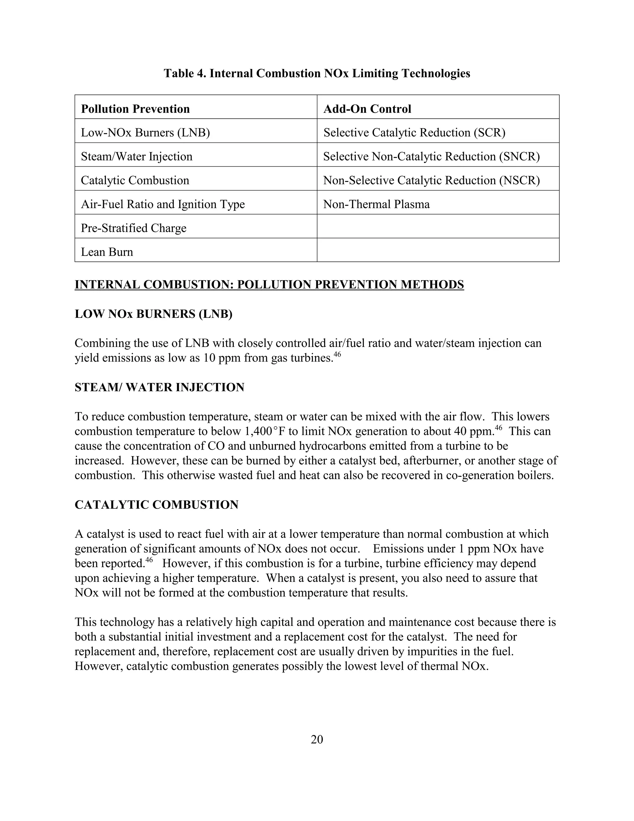 20
Table 4. Internal Combustion NOx Limiting Technologies
Pollution Prevention Add-On Control
Low-NOx Burners (LNB) Selective Catalytic Reduction (SCR)
Steam/Water Injection Selective Non-Catalytic Reduction (SNCR)
Catalytic Combustion Non-Selective Catalytic Reduction (NSCR)
Air-Fuel Ratio and Ignition Type Non-Thermal Plasma
Pre-Stratified Charge
Lean Burn
INTERNAL COMBUSTION: POLLUTION PREVENTION METHODS
LOW NOx BURNERS (LNB)
Combining the use of LNB with closely controlled air/fuel ratio and water/steam injection can
yield emissions as low as 10 ppm from gas turbines.46
STEAM/ WATER INJECTION
To reduce combustion temperature, steam or water can be mixed with the air flow. This lowers
combustion temperature to below 1,400F to limit NOx generation to about 40 ppm.46
This can
cause the concentration of CO and unburned hydrocarbons emitted from a turbine to be
increased. However, these can be burned by either a catalyst bed, afterburner, or another stage of
combustion. This otherwise wasted fuel and heat can also be recovered in co-generation boilers.
CATALYTIC COMBUSTION
A catalyst is used to react fuel with air at a lower temperature than normal combustion at which
generation of significant amounts of NOx does not occur. Emissions under 1 ppm NOx have
been reported.46
However, if this combustion is for a turbine, turbine efficiency may depend
upon achieving a higher temperature. When a catalyst is present, you also need to assure that
NOx will not be formed at the combustion temperature that results.
This technology has a relatively high capital and operation and maintenance cost because there is
both a substantial initial investment and a replacement cost for the catalyst. The need for
replacement and, therefore, replacement cost are usually driven by impurities in the fuel.
However, catalytic combustion generates possibly the lowest level of thermal NOx.
 