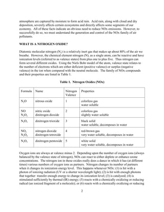 2
atmosphere are captured by moisture to form acid rain. Acid rain, along with cloud and dry
deposition, severely affects certain ecosystems and directly affects some segments of our
economy. All of these facts indicate an obvious need to reduce NOx emissions. However, to
successfully do so, we must understand the generation and control of the NOx family of air
pollutants.
WHAT IS A NITROGEN OXIDE?
Diatomic molecular nitrogen (N2) is a relatively inert gas that makes up about 80% of the air we
breathe. However, the chemical element nitrogen (N), as a single atom, can be reactive and have
ionization levels (referred to as valence states) from plus one to plus five. Thus nitrogen can
form several different oxides. Using the Niels Bohr model of the atom, valence state relates to
the number of electrons which are either deficient (positive valence) or surplus (negative
valence) in the ion when compared with the neutral molecule. The family of NOx compounds
and their properties are listed in Table 1.
Table 1. Nitrogen Oxides (NOx)
Formula Name Nitrogen
Valence
Properties
N2O nitrous oxide 1 colorless gas
water soluble
NO
N2O2
nitric oxide
dinitrogen dioxide
2 colorless gas
slightly water soluble
N2O3 dinitrogen trioxide 3 black solid
water soluble, decomposes in water
NO2
N2O4
nitrogen dioxide
dinitrogen tetroxide
4 red-brown gas
very water soluble, decomposes in water
N2O5 dinitrogen pentoxide 5 white solid
very water soluble, decomposes in water
Oxygen ions are always at valence minus 2. Depending upon the number of oxygen ions (always
balanced by the valence state of nitrogen), NOx can react to either deplete or enhance ozone
concentrations. The nitrogen ion in these oxides really does a dance in which it has (at different
times) various numbers of oxygen ions as partners. Nitrogen changes its number of partners
when it changes its ionization energy level. This happens whenever NOx: (1) is hit with a
photon of ionizing radiation (UV or a shorter wavelength light); (2) is hit with enough photons
that together transfer enough energy to change its ionization level; (3) is catalyzed; (4) is
stimulated sufficiently by thermal (IR) energy; (5) reacts with a chemically oxidizing or reducing
radical (an ionized fragment of a molecule); or (6) reacts with a chemically oxidizing or reducing
 