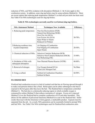 27
reduction of NOx, and NOx oxidation with absorption (Methods 2, 3  4) also apply to this
combustion system. In addition, some slag tap boilers may be using sorbents (Method 6). There
are recent reports that reducing peak temperature (Method 1) so that ash just melts has been used.
See Table 8 for NOx technologies used for slag tap boilers.
Table 8: NOx technologies currently used for wet bottom (slag tap) boilers.
NOx Abatement Method Techniques Now Available Efficiency
1. Reducing peak temperature Flue Gas Recirculation (FGR)
Natural Gas Reburning (NGR)
Over Fire Air (OFA)
Less Excess Air (LEA)
Inject Water or Steam
Reduced Air Preheat
30-70%
2.Reducing residence time
at peak temperature
Air Staging of Combustion
Fuel Staging of Combustion
Inject Steam
20-50%
3. Chemical reduction of NOx Selective Catalytic Reduction (SCR)
Selective Non-Catalytic Reduction (SNCR)
Fuel Reburning (FR)
35-90%
4. Oxidation of NOx with
subsequent absorption
Non-Thermal Plasma Reactor (NTPR) 60-80%
5. Removal of nitrogen Use Oxygen Instead Of Air
Ultra-Low Nitrogen Fuel
No Data
6. Using a sorbent Sorbent In Combustion Chambers
Sorbent In Ducts
60-90%
FLUIDIZED BED
Fluidized bed combustion occurs in a bed of crushed coal that has air flowing upward through it
to make coal particles behave like a fluid. Boiler pipes can be either submerged in the bed or
exposed to the hot gases after they leave the bed. The fluidized bed is temperature controlled
(Method 1). The bed also is a chemically reducing region in which available oxygen is
consumed by carbon (Method 3) that reduces ionization of nitrogen. Excess air is injected
(Method 2) over the fluidized bed to complete combustion of CO and other burnables. This
allows for the addition of pulverized limestone (Method 6) to coal in the fluidized bed. Sulfur
oxides then react with the limestone to form gypsum, a marketable product. Gypsum must be
separated from the ash. As a result, NOx generation can be essentially limited to prompt NOx
and fuel NOx. See Table 9 for NOx technologies used for fluidized bed combustion units.
 