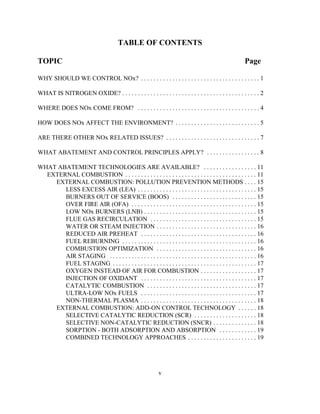 v
TABLE OF CONTENTS
TOPIC Page
WHY SHOULD WE CONTROL NOx? . . . . . . . . . . . . . . . . . . . . . . . . . . . . . . . . . . . . . . 1
WHAT IS NITROGEN OXIDE? . . . . . . . . . . . . . . . . . . . . . . . . . . . . . . . . . . . . . . . . . . . . 2
WHERE DOES NOx COME FROM? . . . . . . . . . . . . . . . . . . . . . . . . . . . . . . . . . . . . . . . 4
HOW DOES NOx AFFECT THE ENVIRONMENT? . . . . . . . . . . . . . . . . . . . . . . . . . . . 5
ARE THERE OTHER NOx RELATED ISSUES? . . . . . . . . . . . . . . . . . . . . . . . . . . . . . . 7
WHAT ABATEMENT AND CONTROL PRINCIPLES APPLY? . . . . . . . . . . . . . . . . . 8
WHAT ABATEMENT TECHNOLOGIES ARE AVAILABLE? . . . . . . . . . . . . . . . . . 11
EXTERNAL COMBUSTION . . . . . . . . . . . . . . . . . . . . . . . . . . . . . . . . . . . . . . . . . . 11
EXTERNAL COMBUSTION: POLLUTION PREVENTION METHODS . . . . 15
LESS EXCESS AIR (LEA) . . . . . . . . . . . . . . . . . . . . . . . . . . . . . . . . . . . . . . 15
BURNERS OUT OF SERVICE (BOOS) . . . . . . . . . . . . . . . . . . . . . . . . . . . 15
OVER FIRE AIR (OFA) . . . . . . . . . . . . . . . . . . . . . . . . . . . . . . . . . . . . . . . . 15
LOW NOx BURNERS (LNB) . . . . . . . . . . . . . . . . . . . . . . . . . . . . . . . . . . . . 15
FLUE GAS RECIRCULATION . . . . . . . . . . . . . . . . . . . . . . . . . . . . . . . . . . 15
WATER OR STEAM INJECTION . . . . . . . . . . . . . . . . . . . . . . . . . . . . . . . . 16
REDUCED AIR PREHEAT . . . . . . . . . . . . . . . . . . . . . . . . . . . . . . . . . . . . . 16
FUEL REBURNING . . . . . . . . . . . . . . . . . . . . . . . . . . . . . . . . . . . . . . . . . . . 16
COMBUSTION OPTIMIZATION . . . . . . . . . . . . . . . . . . . . . . . . . . . . . . . . 16
AIR STAGING . . . . . . . . . . . . . . . . . . . . . . . . . . . . . . . . . . . . . . . . . . . . . . . 16
FUEL STAGING . . . . . . . . . . . . . . . . . . . . . . . . . . . . . . . . . . . . . . . . . . . . . . 17
OXYGEN INSTEAD OF AIR FOR COMBUSTION . . . . . . . . . . . . . . . . . . 17
INJECTION OF OXIDANT . . . . . . . . . . . . . . . . . . . . . . . . . . . . . . . . . . . . . 17
CATALYTIC COMBUSTION . . . . . . . . . . . . . . . . . . . . . . . . . . . . . . . . . . . 17
ULTRA-LOW NOx FUELS . . . . . . . . . . . . . . . . . . . . . . . . . . . . . . . . . . . . . 17
NON-THERMAL PLASMA . . . . . . . . . . . . . . . . . . . . . . . . . . . . . . . . . . . . . 18
EXTERNAL COMBUSTION: ADD-ON CONTROL TECHNOLOGY . . . . . . 18
SELECTIVE CATALYTIC REDUCTION (SCR) . . . . . . . . . . . . . . . . . . . . 18
SELECTIVE NON-CATALYTIC REDUCTION (SNCR) . . . . . . . . . . . . . . 18
SORPTION - BOTH ADSORPTION AND ABSORPTION . . . . . . . . . . . . 19
COMBINED TECHNOLOGY APPROACHES . . . . . . . . . . . . . . . . . . . . . . 19
 