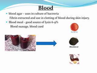 Blood
 blood agar – uses in culture of bactreria
Fibrin extracted and use in clotting of blood during skin injury.
 Blood meal - good source of lysin 6-9%
Blood suasage, blood curd
 