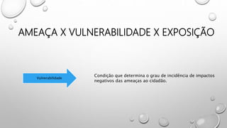AMEAÇA X VULNERABILIDADE X EXPOSIÇÃO
Vulnerabilidade
Condição que determina o grau de incidência de impactos
negativos das ameaças ao cidadão.
 