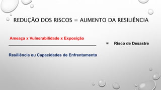 Ameaça x Vulnerabilidade x Exposição
_______________________________________ = Risco de Desastre
Resiliência ou Capacidades de Enfrentamento
REDUÇÃO DOS RISCOS = AUMENTO DA RESILIÊNCIA
 