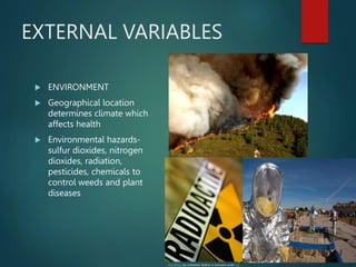 EXTERNAL VARIABLES
 ENVIRONMENT
 Geographical location
determines climate which
affects health
 Environmental hazards-
sulfur dioxides, nitrogen
dioxides, radiation,
pesticides, chemicals to
control weeds and plant
diseases
This Photo by Unknown Author is licensed under CC BY-SA
This Photo by Unknown Author is licensed under CC
 