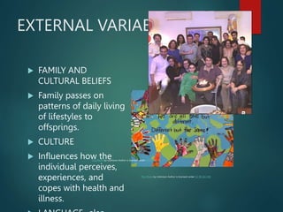 EXTERNAL VARIABLES
 FAMILY AND
CULTURAL BELIEFS
 Family passes on
patterns of daily living
of lifestyles to
offsprings.
 CULTURE
 Influences how the
individual perceives,
experiences, and
copes with health and
illness.
This Photo by Unknown Author is licensed under CC BY-NC-ND
This Photo by Unknown Author is licensed under CC BY-SA
 