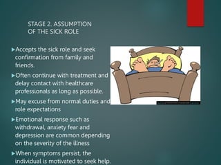 STAGE 2. ASSUMPTION
OF THE SICK ROLE
Accepts the sick role and seek
confirmation from family and
friends.
Often continue with treatment and
delay contact with healthcare
professionals as long as possible.
May excuse from normal duties and
role expectations
Emotional response such as
withdrawal, anxiety fear and
depression are common depending
on the severity of the illness
When symptoms persist, the
individual is motivated to seek help.
This Photo by Unknown Author is licensed under CC BY-SA-NC
 