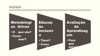 AGENDA
Metodologi
as Ativas
• O que são?
• Como
usar?
Educaç
ão
Inclusiv
a
• Tipos?
• Como
lidar?
Avaliação
da
Aprendizag
em
• Para
que
serve?
• Como
avaliar?
 