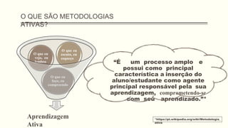 O QUE SÃO METODOLOGIAS
ATIVAS?
“É um processo amplo e
possui como principal
característica a inserção do
aluno/estudante como agente
principal responsável pela sua
aprendizagem, comprometendo-se
com seu aprendizado.”*
Aprendizagem
Ativa
O que eu
faço, eu
compreendo
O que eu
vejo, eu
lembro
O que eu
escuto, eu
esqueço
*https://pt.wikipedia.org/wiki/Metodologia_
ativa
 