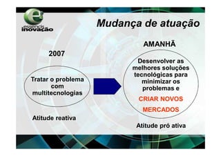 Mudança de atuação
                             AMANHÃ
     2007
                           Desenvolver as
                          melhores soluções
                          tecnológicas para
Tratar o problema            minimizar os
       com                   problemas e
multitecnologias
                           CRIAR NOVOS
                             MERCADOS
Atitude reativa
                           Atitude pró ativa
 