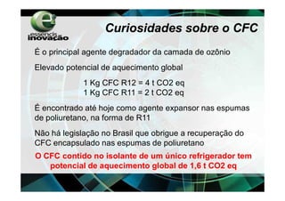Curiosidades sobre o CFC
É o principal agente degradador da camada de ozônio
Elevado potencial de aquecimento global
             1 Kg CFC R12 = 4 t CO2 eq
             1 Kg CFC R11 = 2 t CO2 eq
É encontrado até hoje como agente expansor nas espumas
de poliuretano, na forma de R11
Não há legislação no Brasil que obrigue a recuperação do
CFC encapsulado nas espumas de poliuretano
O CFC contido no isolante de um único refrigerador tem
   potencial de aquecimento global de 1,6 t CO2 eq
 