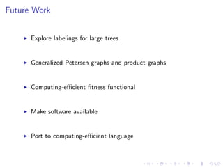 Future Work
Explore labelings for large trees
Generalized Petersen graphs and product graphs
Computing-eﬃcient ﬁtness functional
Make software available
Port to computing-eﬃcient language
 