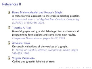 References II
Houra Mahmoudzadeh and Kourosh Eshghi.
A metaheuristic approach to the graceful labeling problem.
International Journal of Applied Metaheuristic Computing
(IJAMC), 1(4):42–56, 2010.
Timothy A Redl.
Graceful graphs and graceful labelings: two mathematical
programming formulations and some other new results.
Congressus Numerantium, pages 17–32, 2003.
Alexander Rosa.
On certain valuations of the vertices of a graph.
In Theory of Graphs (Internat. Symposium, Rome, pages
349–355, 1966.
Virginia Vassilevska.
Coding and graceful labeling of trees.
 